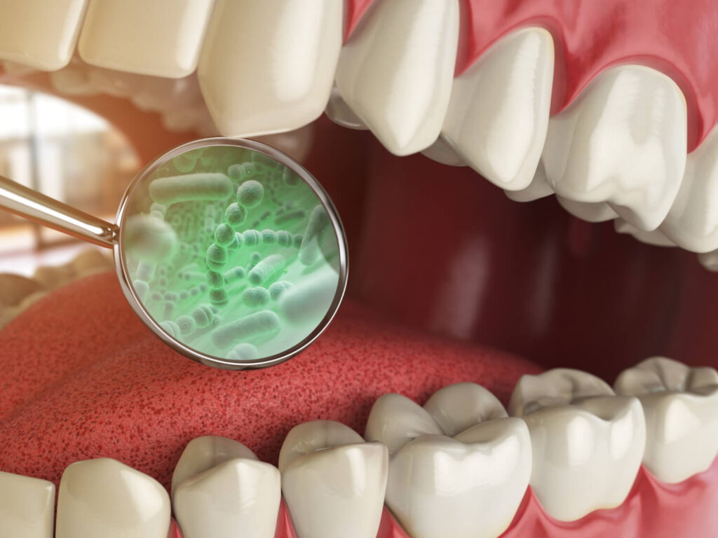 Représentation schématique du microbiome oral montrant l'écosystème bactérien complexe des gencives et des dents en santé parodontale