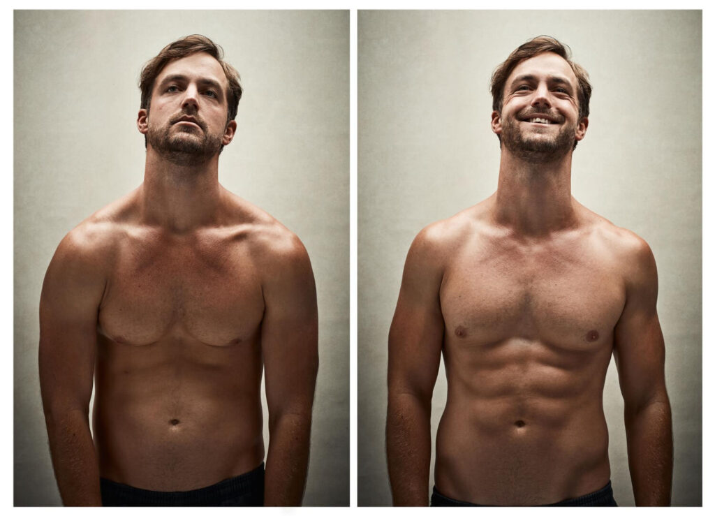 Faire 10 pompes par jour pendant 1 mois : quels résultats ? 7 Résultats avant et après avoir fait 10 pompes par jour pendant 1 mois, montrant une meilleure posture et tonicité.