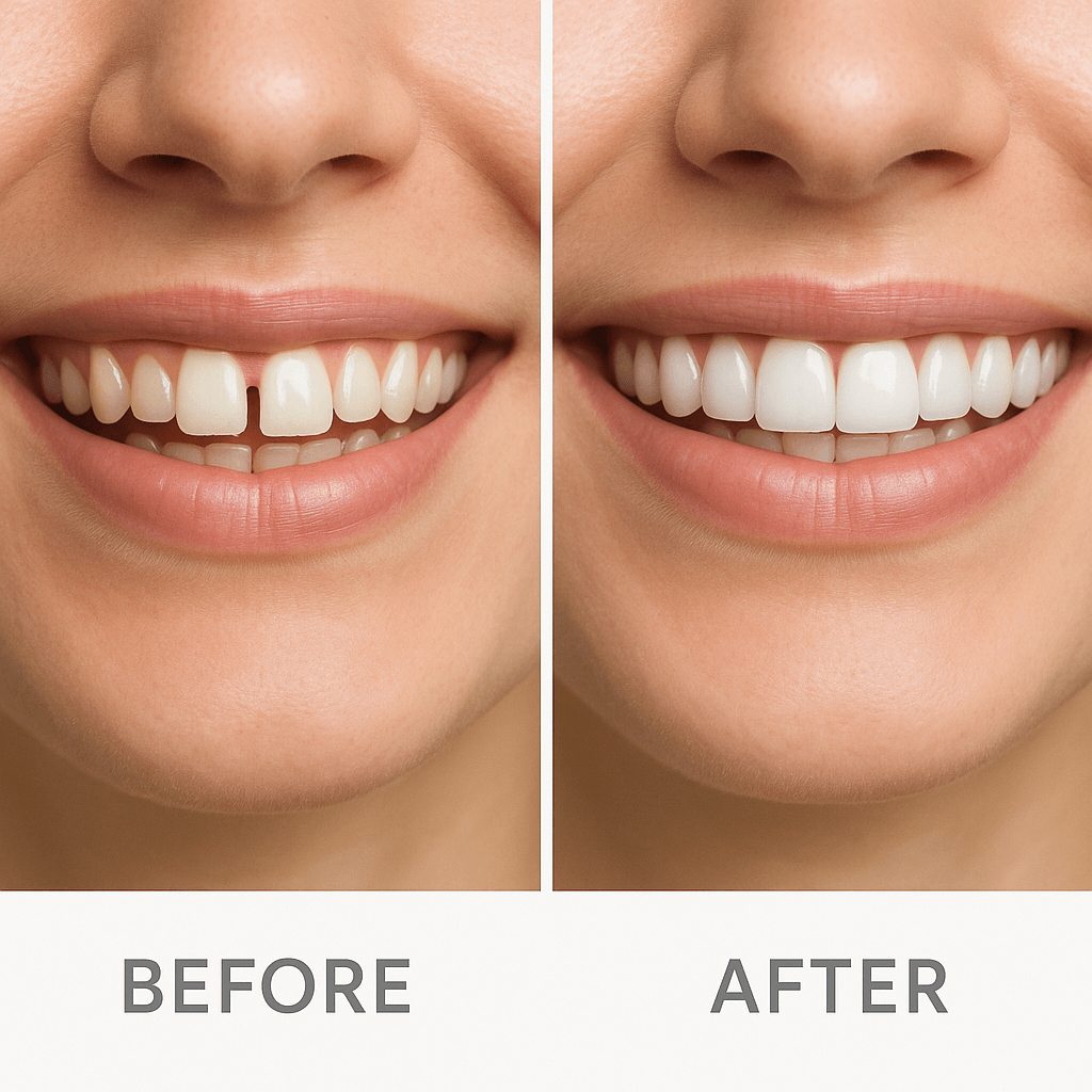 Dents du bonheur jugées "moches" : quelles solutions ? 2 Dents du bonheur avant et après, montrant les solutions pour corriger un diastème jugé moche.