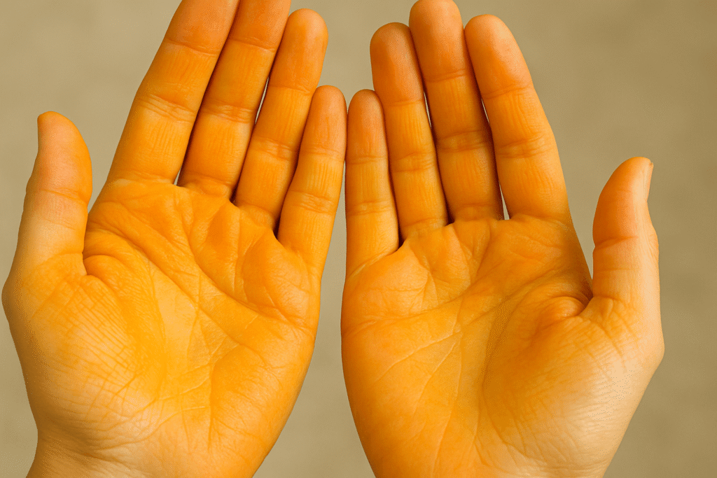Taches oranges sur les mains : quelles sont les causes ? 3 Main avec une paume de couleur orange, illustrant la caroténodermie due à une surconsommation de carottes.