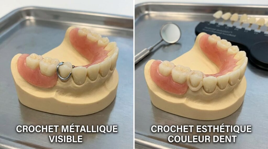 Comparaison entre une prothèse dentaire avec crochet métallique visible et une prothèse avec crochet esthétique couleur dent