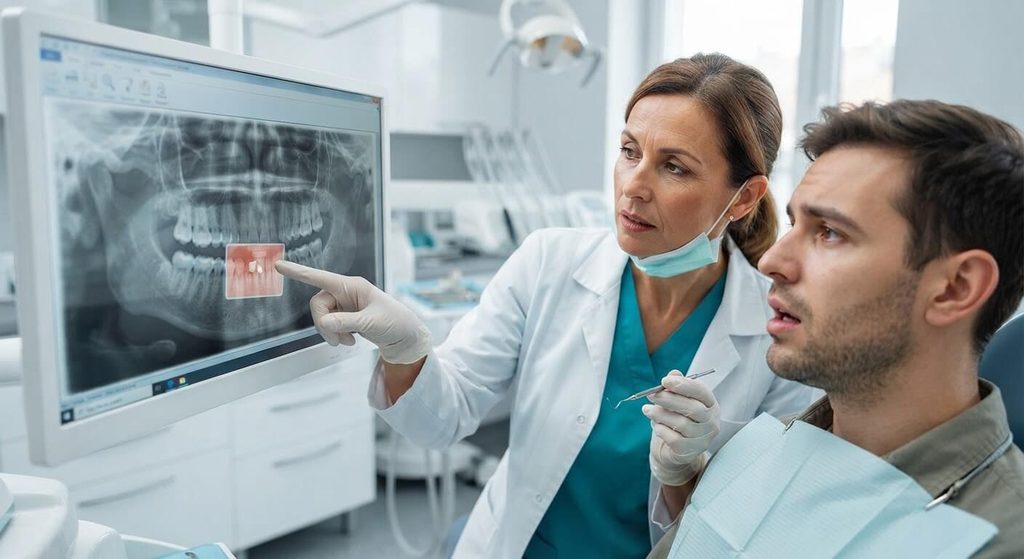 Chirurgien-dentiste examinant une radiographie panoramique montrant un débris alimentaire logé dans une alvéole.