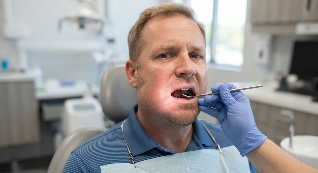 Patient présentant un gonflement de la joue au niveau de la mâchoire inférieure plusieurs semaines après une avulsion dentaire.