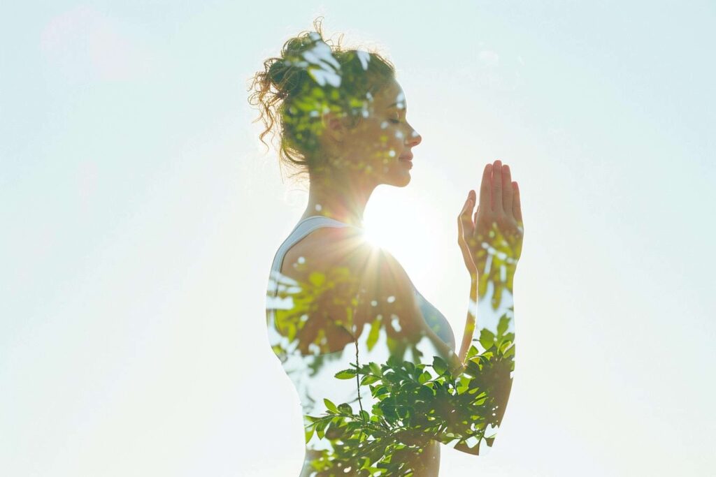Femme pratiquant yoga méditation approche holistique équilibre corps esprit bien-être