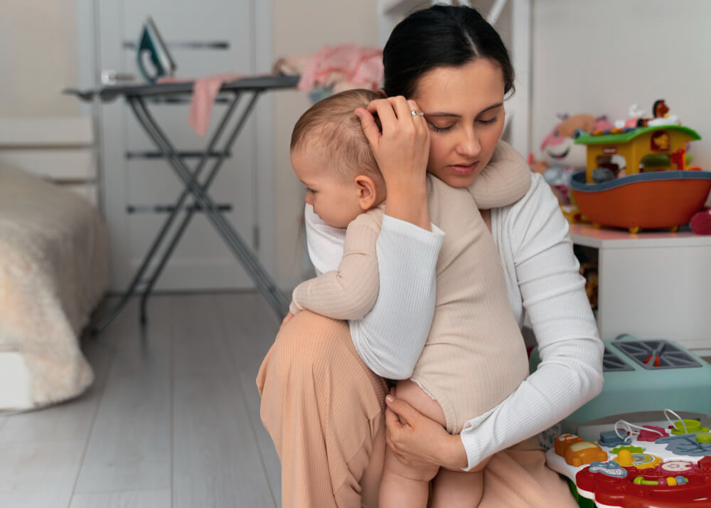 Bébé ne s'adapte pas chez la nounou : que faire ? 5 Maman réconfortant son bébé qui pleure dans les bras d'une assistante maternelle.