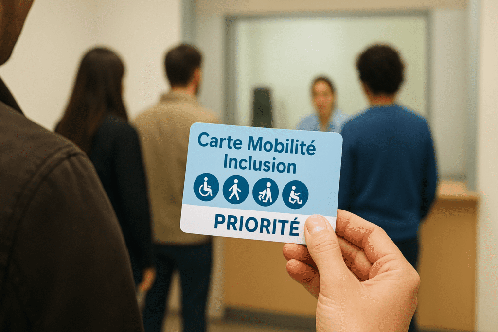 Non-respect de la carte CMI Priorité : quels sont vos droits et recours ? 8 Personne présentant une Carte Mobilité Inclusion (CMI) Priorité dans une file d'attente face à un guichet.