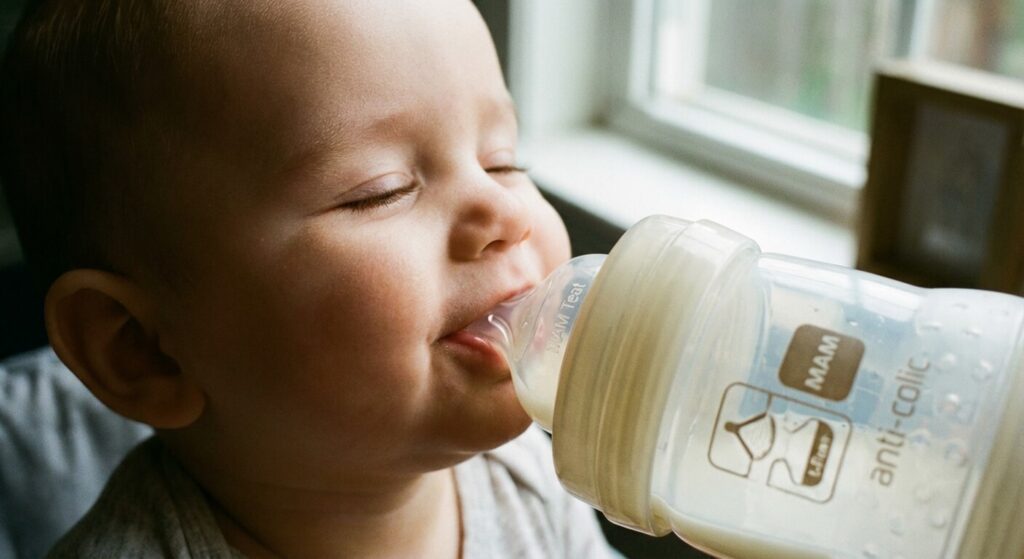 Bébé s'étouffe avec son biberon MAM : causes (tétine, débit) et solutions 1 Bébé buvant un biberon MAM anti-colique, avec un focus sur la tétine plate.