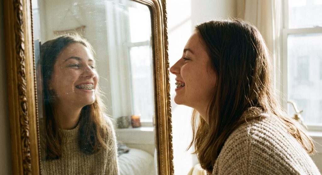 Jeune femme souriante avec un appareil dentaire multi-attaches, vérifiant son profil dans un miroir.