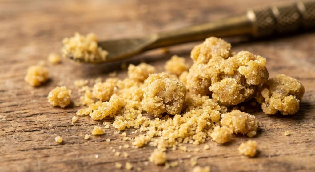 Gros plan artistique sur la texture friable et dorée d'une résine CBD (Pollen) de haute qualité