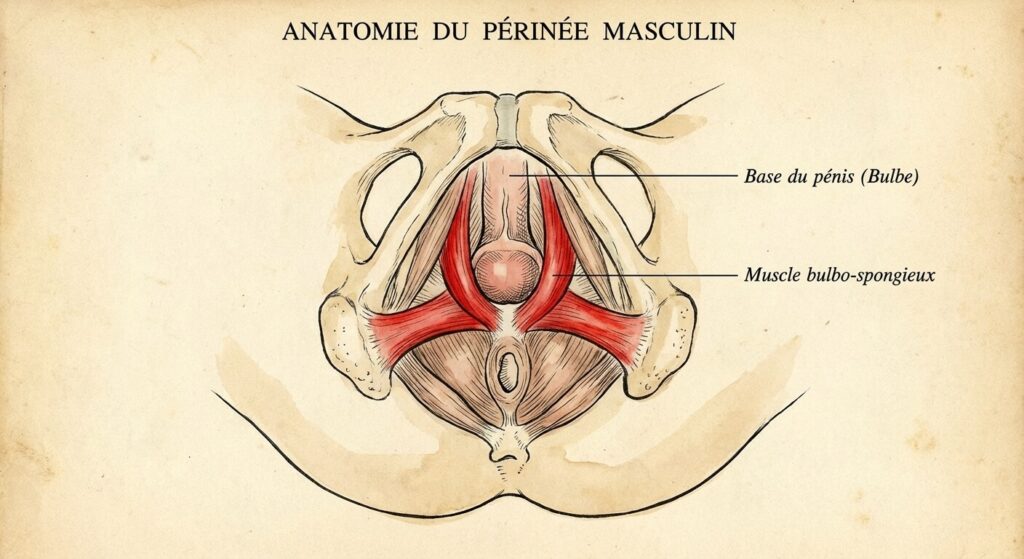 Schéma anatomique du périnée masculin mettant en évidence la position du muscle bulbo-spongieux à la base du pénis.