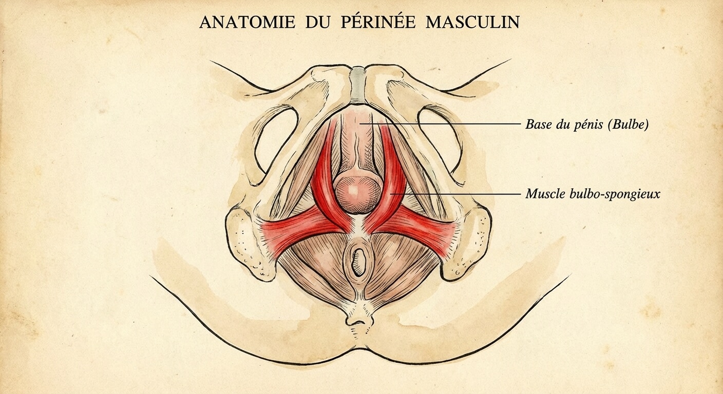 Schéma anatomique du périnée masculin mettant en évidence la position du muscle bulbo-spongieux à la base du pénis.