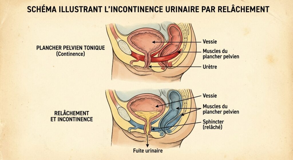 Comment devient-on incontinent ? Comprendre les mécanismes et les facteurs de risque 2 Schéma illustrant le relâchement des muscles du plancher pelvien et du sphincter menant à l'incontinence.