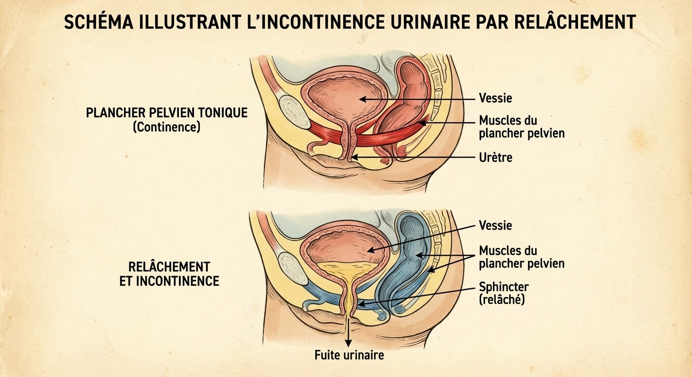 Schéma illustrant le relâchement des muscles du plancher pelvien et du sphincter menant à l'incontinence.