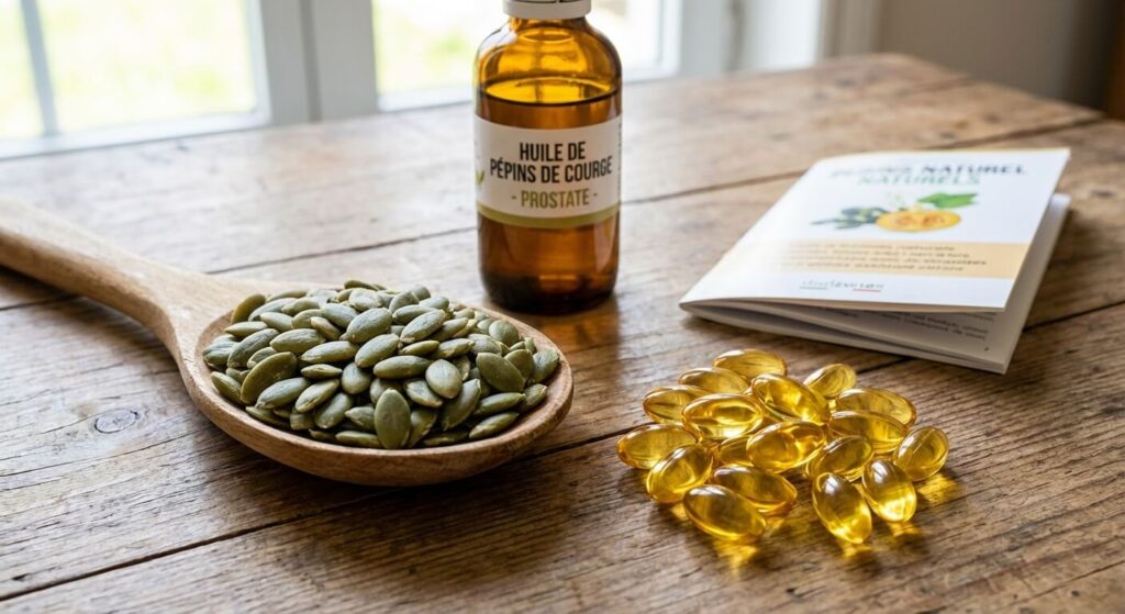 Cuillère remplie de graines de courge décortiquées et gélules d'huile de pépins de courge pour le traitement naturel de la prostate.