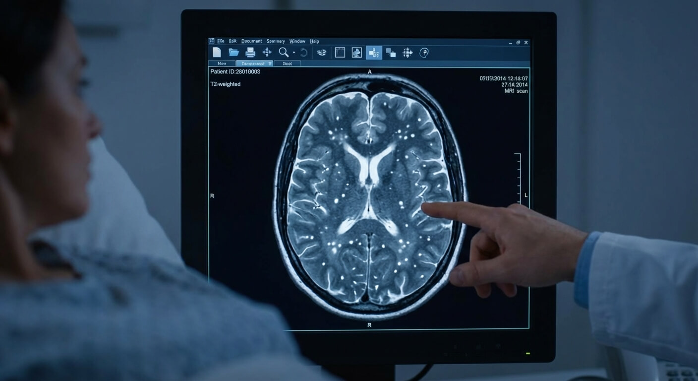 Cliché d'IRM cérébrale montrant des petits points blancs (hypersignaux) dans la substance blanche, souvent source d'inquiétude pour les patients.