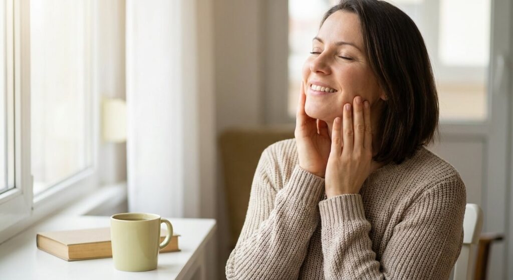 "J'ai guéri du SADAM" : parcours et solutions pour s'en sortir 9 Femme soulagée ne ressentant plus de douleur à la mâchoire après avoir guéri de son syndrome SADAM.