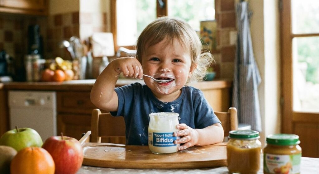 Peut-on donner des yaourts au Bifidus aux enfants ? 5 Jeune enfant mangeant un yaourt au Bifidus à la cuillère, illustration de l'alimentation infantile.