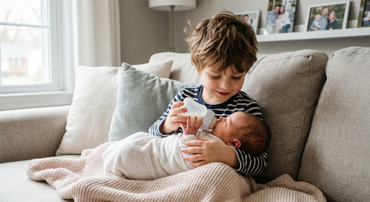 Grand frère de 5 ans aidant sa petite sœur nouveau-née à prendre son biberon, illustrant la complicité malgré l'écart d'âge.