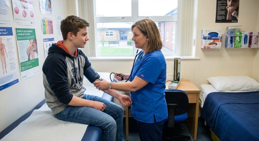 Y a-t-il une obligation d'avoir une infirmière scolaire dans chaque établissement ? 2 Infirmière scolaire prenant la tension d'un élève dans son bureau au sein d'un établissement scolaire.