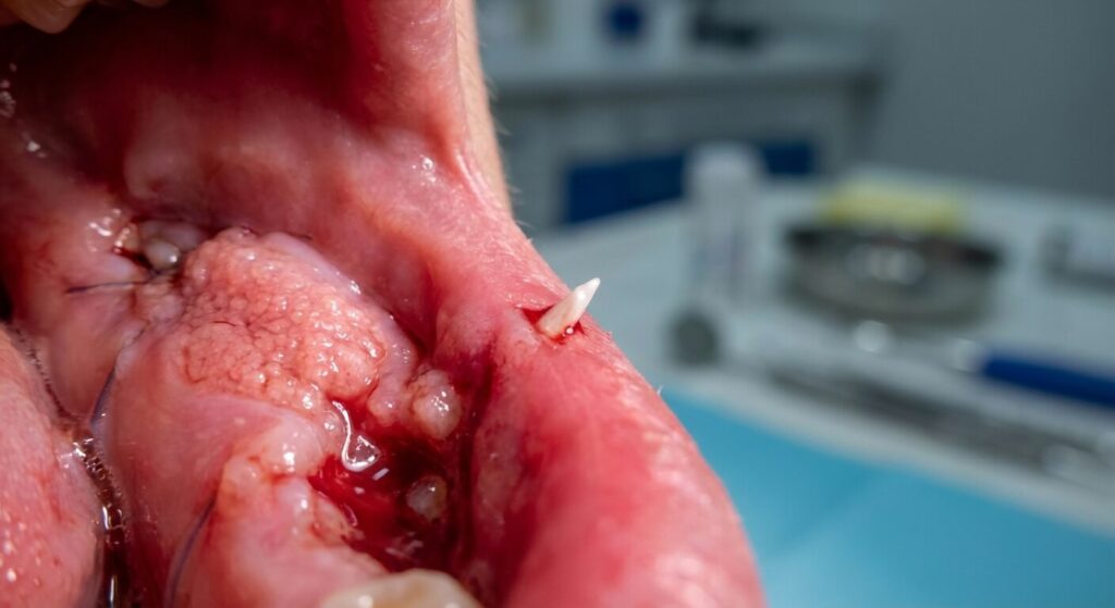 Spicule osseux dentaire : cette pointe qui blesse après une extraction 7 Gros plan sur une gencive en cicatrisation après extraction dentaire, montrant une petite pointe blanche (spicule osseux) qui percer la muqueuse.