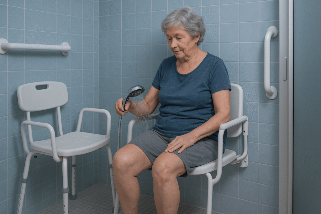 Chaise de douche : conditions de remboursement par la Sécurité Sociale 3 Chaise de douche médicale avec accoudoirs et dossier installée dans une salle de bain adaptée.