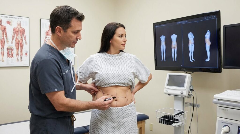 Chirurgien expliquant les zones de remodelage corporel à une patiente pour une liposculpture.