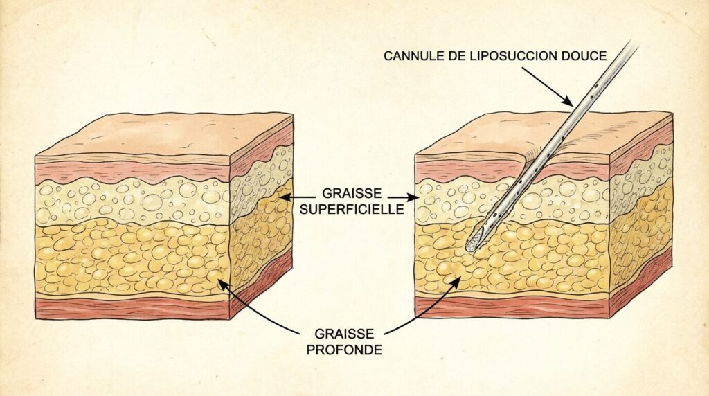 Liposculpture ou liposuccion : comment redessiner sa silhouette avec précision ? 3 Schéma médical montrant la différence entre graisse profonde et superficielle traitée par liposuccion douce.