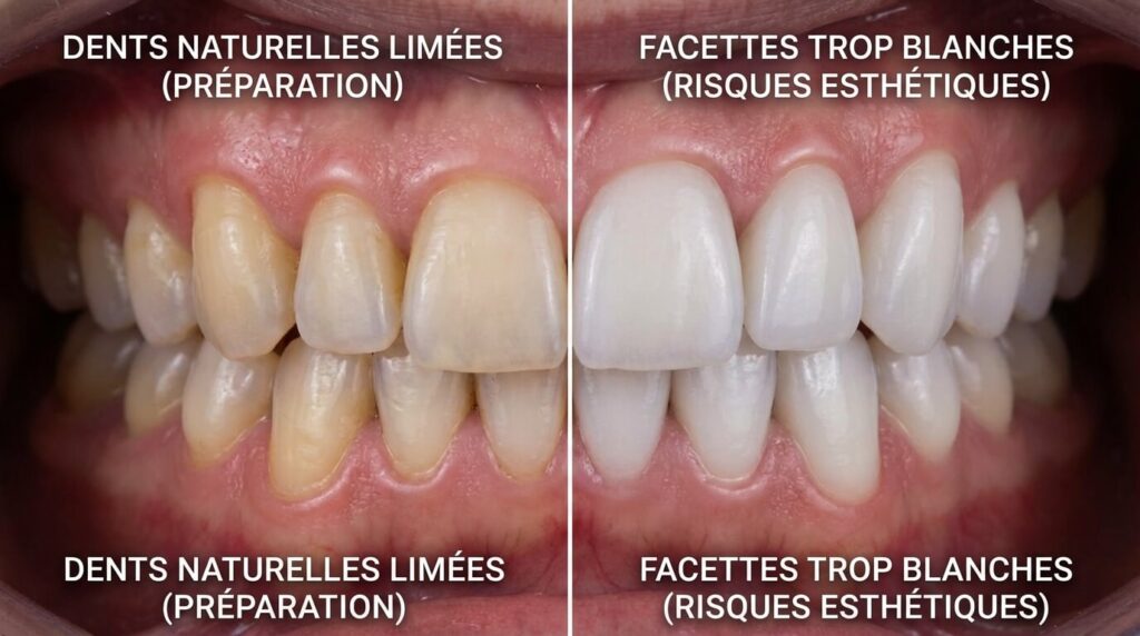 Comparaison de dents naturelles limées et de facettes dentaires trop blanches, illustrant les risques esthétiques