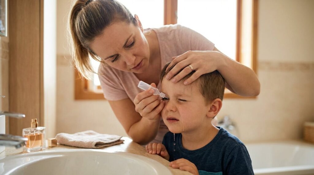 Parfum dans les yeux d'un enfant : Que faire en urgence ? 2 Parent rinçant l'œil d'un enfant avec du sérum physiologique suite à une projection de parfum