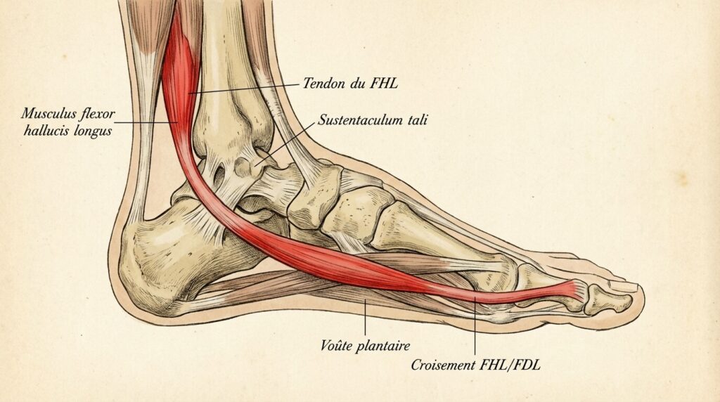 Schéma anatomique du pied montrant le trajet du long fléchisseur de l'hallux (FHL) sous la voûte plantaire