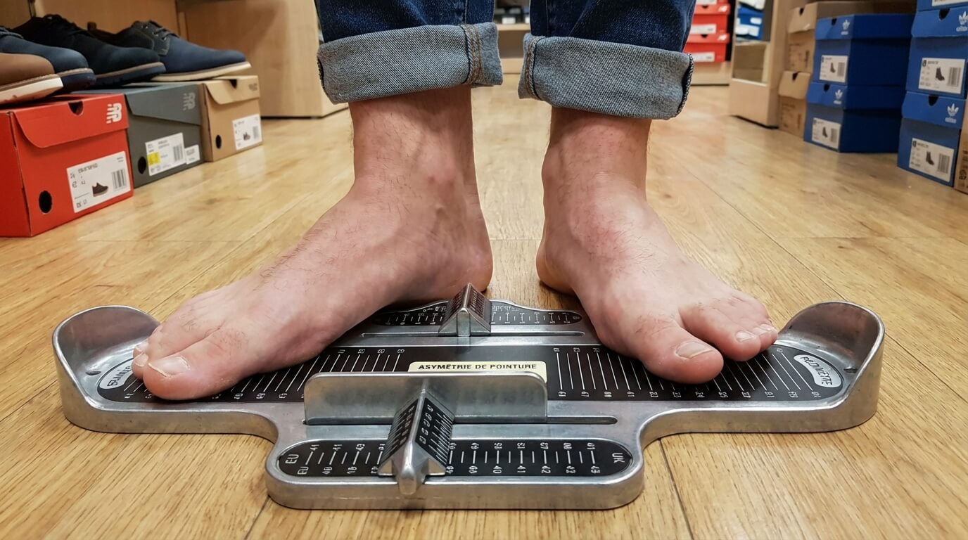 Comparaison de la longueur des deux pieds sur un pédimètre montrant une asymétrie de pointure