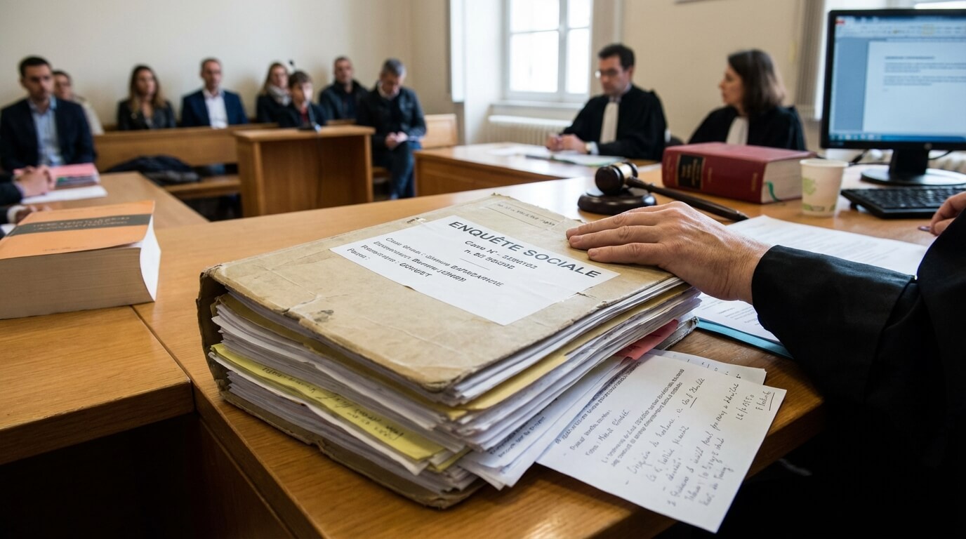 Dossier juridique d'enquête sociale sur le bureau d'un juge aux affaires familiales lors d'une audience