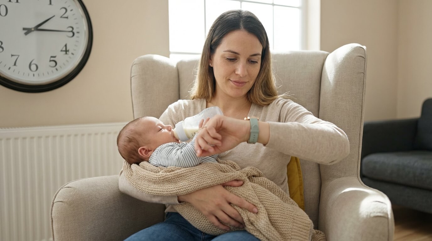 Maman donnant le biberon à un nourrisson de 1 mois en regardant l'heure pour respecter l'espacement