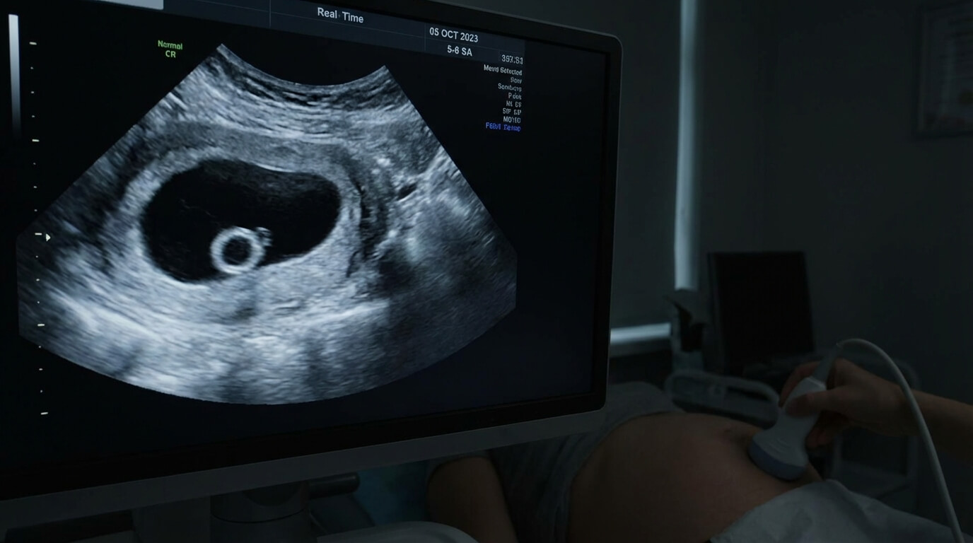 Échographie de début de grossesse montrant un sac gestationnel noir avec un anneau blanc (vésicule vitelline) mais sans embryon visible