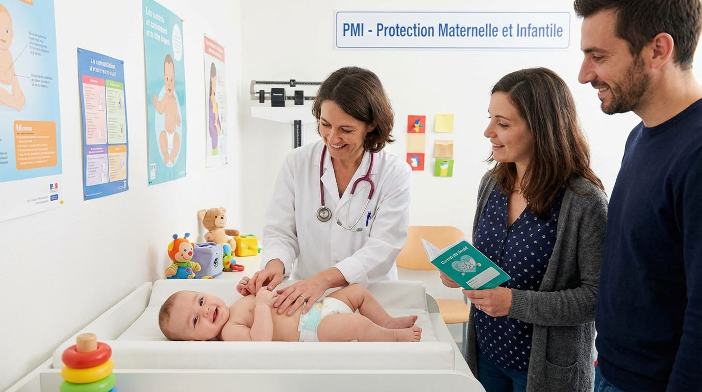 Médecin de la PMI examinant un bébé en présence des parents lors d'une consultation de suivi