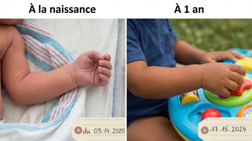 Couleur de peau de bébé définitive : À quel âge se fixe-t-elle ? 2 Comparaison de la pigmentation de la peau d'un nourrisson à la naissance et à 1 an montrant l'évolution de la mélanine