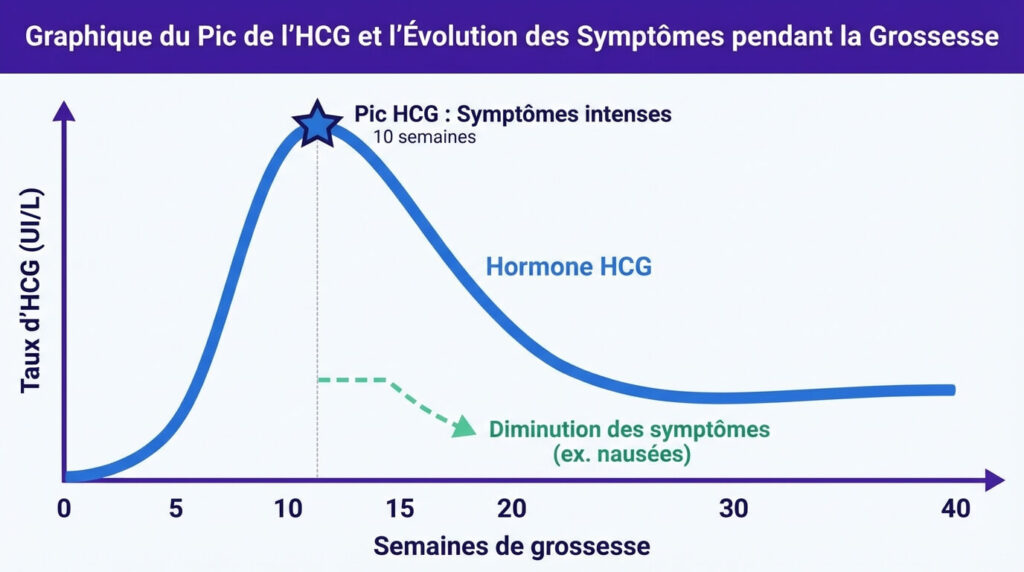 Graphique montrant le pic de l'hormone HCG vers 10 semaines de grossesse puis sa baisse, expliquant la diminution des symptômes