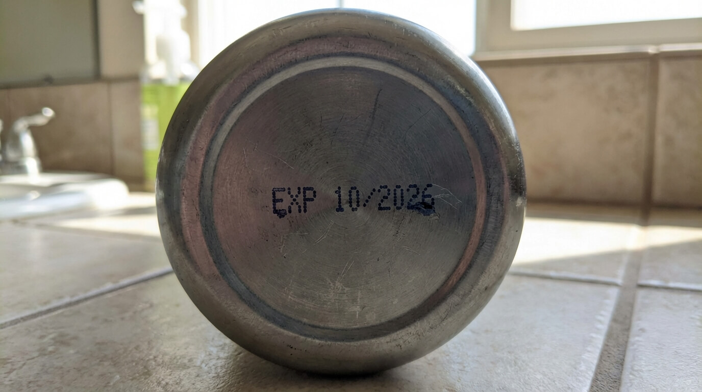 Date de péremption imprimée sous un flacon de brumisateur d'eau thermale, illustrant la durée de vie du produit