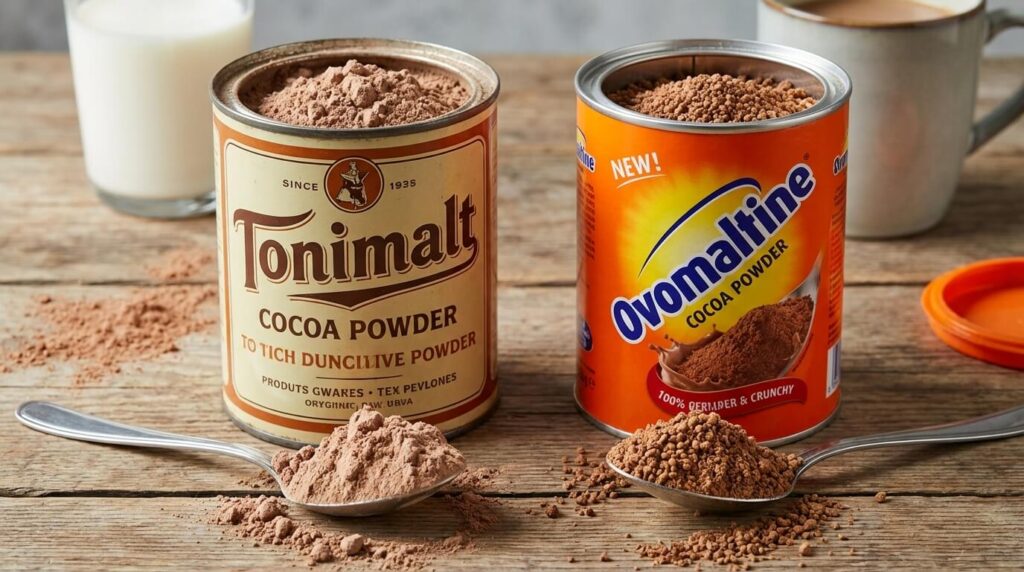 Boîtes de poudre chocolatée Tonimalt et Ovomaltine côte à côte avec une cuillère de poudre, montrant la différence de texture