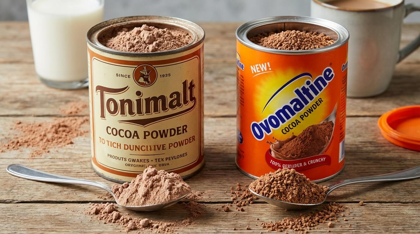 Boîtes de poudre chocolatée Tonimalt et Ovomaltine côte à côte avec une cuillère de poudre, montrant la différence de texture