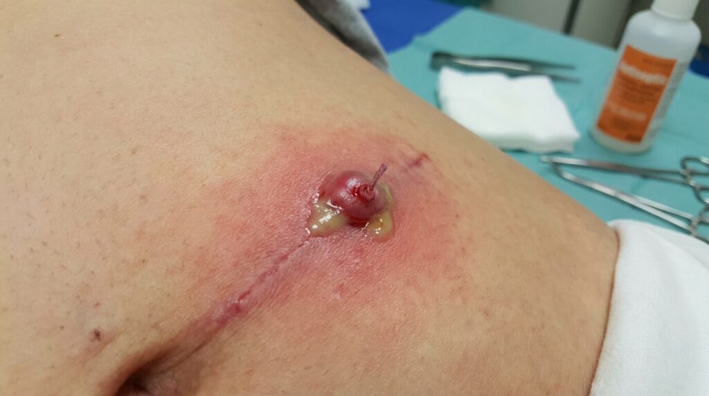 Fil résorbable : Infection, Rejet ou simple Inflammation ? 2 Cicatrice post-opératoire présentant un point de suture résorbable rouge et inflammatoire, signe de rejet ou d'infection