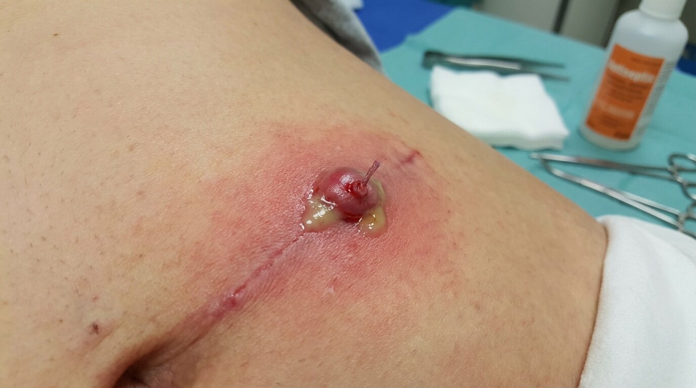 Cicatrice post-opératoire présentant un point de suture résorbable rouge et inflammatoire, signe de rejet ou d'infection