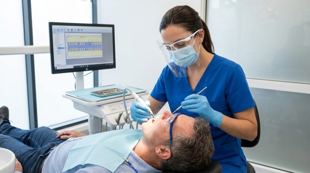 Professionnelle de santé réalisant un détartrage et une prophylaxie sur un patient, illustrant le rôle de l'hygiéniste