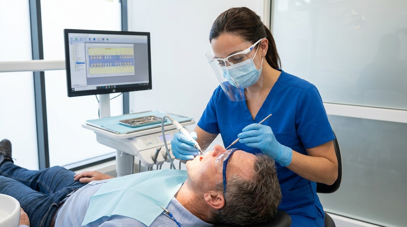 Professionnelle de santé réalisant un détartrage et une prophylaxie sur un patient, illustrant le rôle de l'hygiéniste