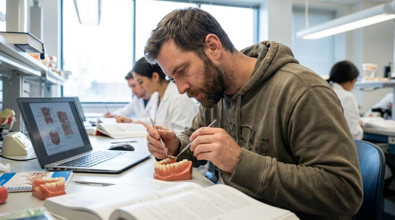 Adulte en reconversion professionnelle étudiant sur un modèle de mâchoire en faculté d'odontologie