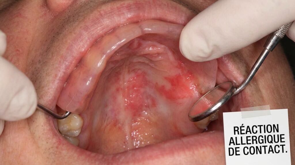 Allergie résine dentaire : symptômes, diagnostic et solutions 2 Inflammation rouge et brûlure du palais sous un dentier en résine, symptôme typique d'une réaction allergique de contact