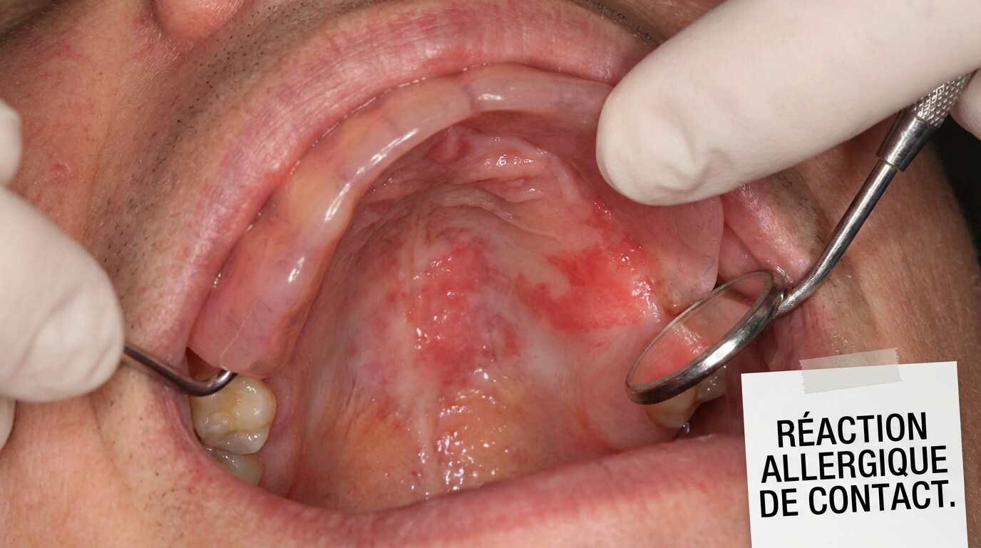 Inflammation rouge et brûlure du palais sous un dentier en résine, symptôme typique d'une réaction allergique de contact