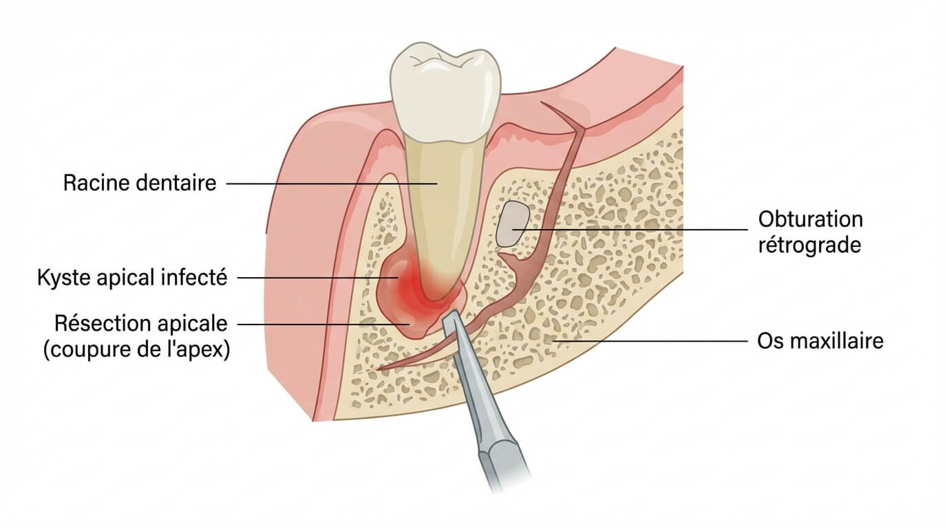 Schéma d'une chirurgie de résection apicale montrant la coupure de la pointe de la racine dentaire infectée