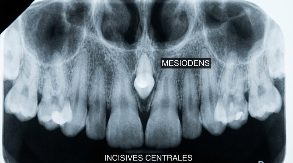 Radiographie dentaire montrant une dent surnuméraire (mésiodens) située entre les deux incisives centrales