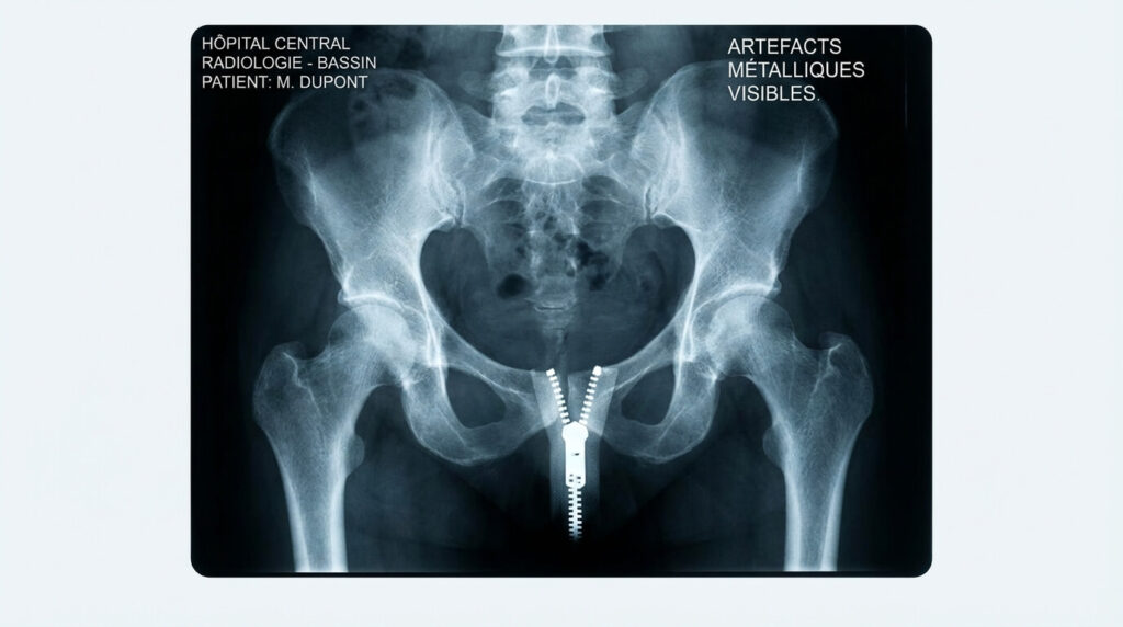 Radio de la hanche : Faut-il se déshabiller totalement pour l'examen ? 3 Radiographie du bassin gâchée par un artefact métallique (fermeture éclair) montrant l'importance de retirer ses vêtements